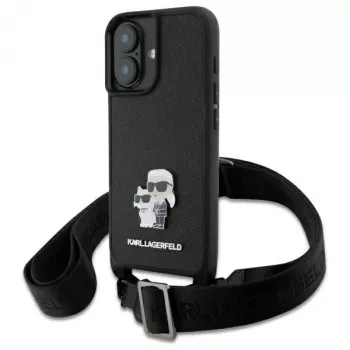 Karl Lagerfeld Saffiano Karl & Choupette Metal Pin CBDY pántos keménytok iPhone 16 6,1 készülékhez, fekete