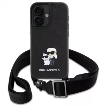 Karl Lagerfeld Saffiano Karl & Choupette Metal Pin CBDY pántos keménytok iPhone 16 6,1 készülékhez, fekete