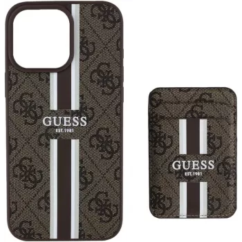 Guess 4G Stripes pénztárcás tok MagSafe iPhone 16 Pro Max barna