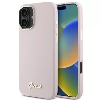 Guess GUHCP16SSMBSLP iPhone 16 6,1 inch rózsaszín szilikon merev tok Script fém logóval és kerettel