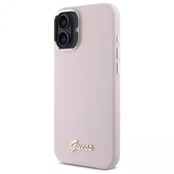 Guess GUHCP16SSMBSLP iPhone 16 6,1 inch rózsaszín szilikon merev tok Script fém logóval és kerettel