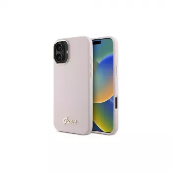 Guess GUHCP16MSMBSLP iPhone 16 Plus 6,7 inch rózsaszín szilikon merev tok Script fém logóval és kerettel