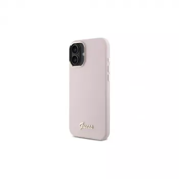 Guess GUHCP16MSMBSLP iPhone 16 Plus 6,7 inch rózsaszín szilikon merev tok Script fém logóval és kerettel