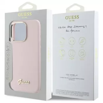 Guess GUHCP16LSMBSLP iPhone 16 Pro 6,3 inch rózsaszín szilikon merev tok Script fém logóval és kerettel