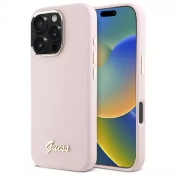 Guess GUHCP16LSMBSLP iPhone 16 Pro 6,3 inch rózsaszín szilikon merev tok Script fém logóval és kerettel