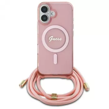 Guess GUHMP16SHCTSGNSP iPhone 16 6,1 inch rózsaszín merev tok Crossbody Cord Script MagSafe