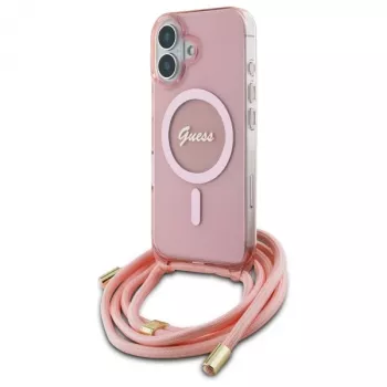 Guess GUHMP16SHCTSGNSP iPhone 16 6,1 inch rózsaszín merev tok Crossbody Cord Script MagSafe