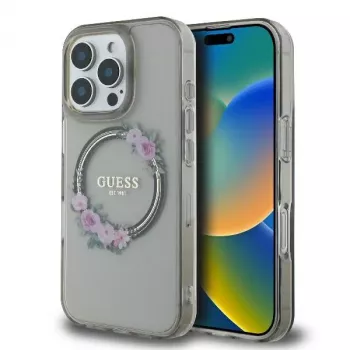 Guess GUHMP16XHFWFCK iPhone 16 Pro Max 6,9 inch fekete merev tok IML Flowers Wreath MagSafe