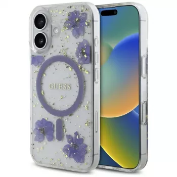 Guess Resin Flowers Glitter MagSafe tok iPhone 16 lila