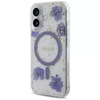 Guess Resin Flowers Glitter MagSafe tok iPhone 16 lila