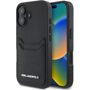Karl Lagerfeld HC Grained PU Card Slot Metal Elongated tok iPhone 16, fekete