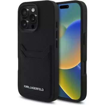 KARL LAGERFELD HC Grained PU Card Slot Metal Elongated tok iPhone 16 Pro fekete