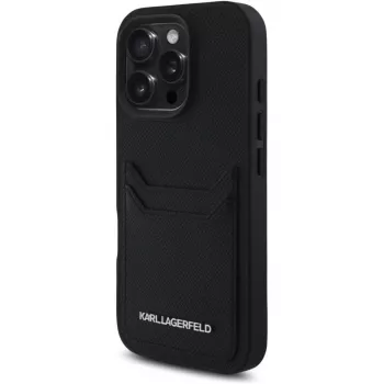 KARL LAGERFELD HC Grained PU Card Slot Metal Elongated tok iPhone 16 Pro fekete