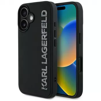 KARL LAGERFELD HC 3D Rubber Elongated Glitter tok iPhone 16, fekete