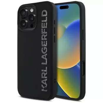KARL LAGERFELD HC 3D Rubber Elongated Glitter tok Apple iPhone 16 Pro, fekete