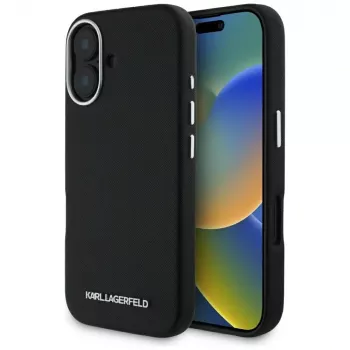Karl Lagerfeld Saffiano FullWrapped Elongated Metal Logo MagSafe tok iPhone 16 fekete