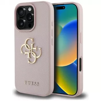 Guess Grained Big 4G Logo Small Classic Logo hátlap Apple iPhone 16 Pro-hoz (rózsaszín)