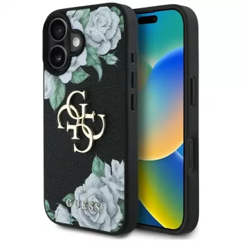 Guess Grained Roses Big 4G Logo tok Apple iPhone 16 készülékhez, fekete