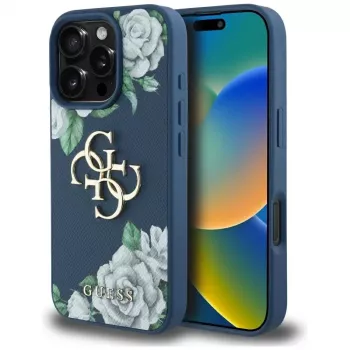 Guess Grained Roses Big 4G Logo telefontok iPhone 16 Pro Max készülékhez, kék