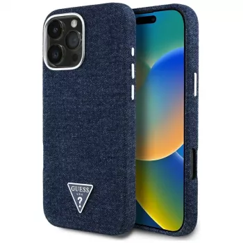 Guess Denim Triangle Logo MagSafe tok iPhone 16 Pro készülékhez, kék