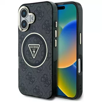 Guess IML Metal Glitter 4G Circle Triangle MagSafe tok Apple iPhone 16 készülékhez (fekete)