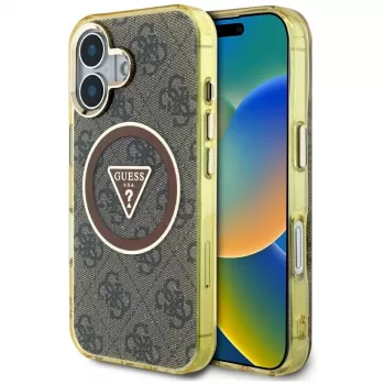 Guess IML Metal Glitter 4G Circle Triangle MagSafe tok iPhone 16 készülékhez (barna)
