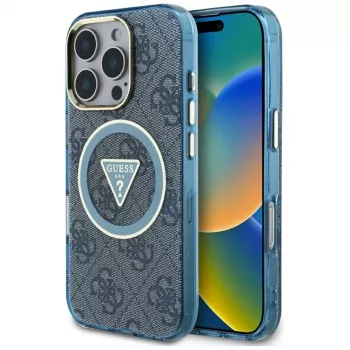 Guess IML Metal Glitter 4G Circle Triangle MagSafe tok iPhone 16 Pro készülékhez (kék)