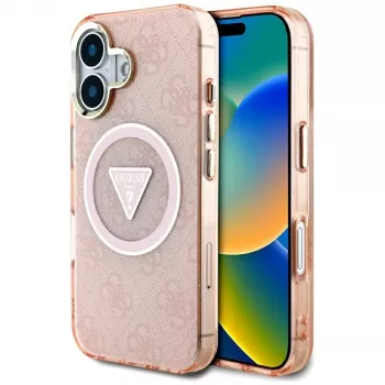 Guess IML Metal Glitter 4G Circle Triangle MagSafe tok iPhone 16 készülékhez (rózsaszín)
