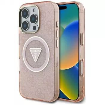 Guess IML Metal Glitter 4G Circle Triangle MagSafe hátlap Apple iPhone 16 Pro készülékhez (rózsaszín)