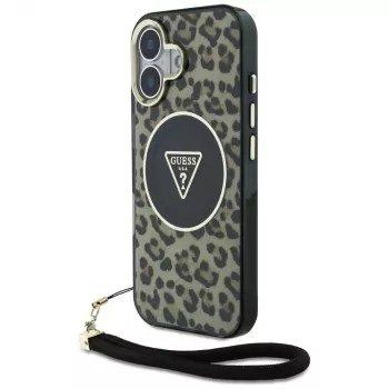 Guess HC IML Leopard Triangle tok iPhone 16 készülékhez zsinórral, barna, MagSafe
