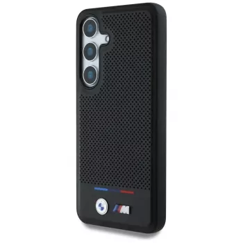 BMW tricolor csíkos bőr MagSafe tok Samsung Galaxy S25 készülékhez, fekete