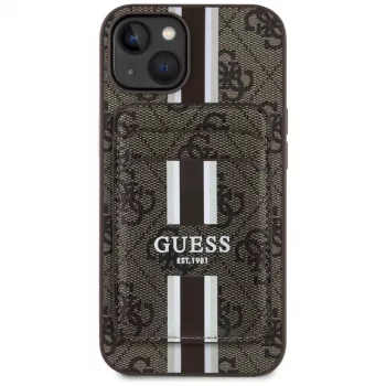 Guess 4G Stripes pénztárcás tok MagSafe-dzsel iPhone 15 készülékhez, barna