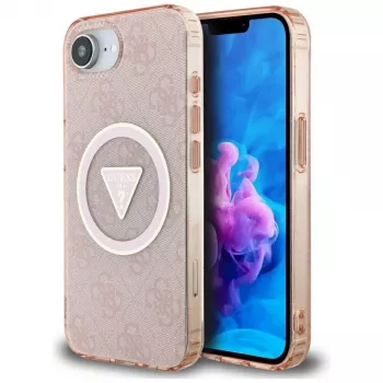 Guess IML Metal Glitter 4G Circle Triangle MagSafe tok Apple iPhone 16e készülékhez (rózsaszín)