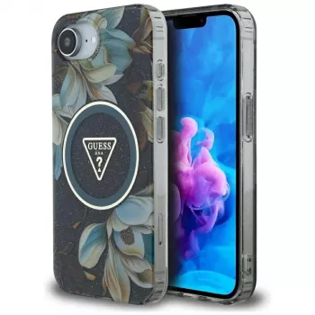 Guess IML Metal Glitter Flowers Triangle MagSafe tok Apple iPhone 16e készülékhez (fekete)