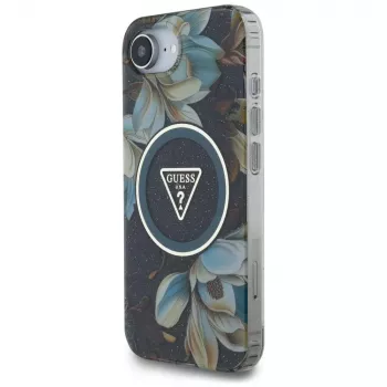 Guess IML Metal Glitter Flowers Triangle MagSafe tok Apple iPhone 16e készülékhez (fekete)