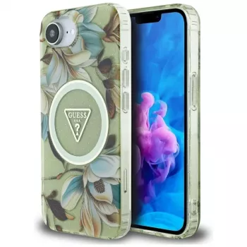 Guess IML Metal Glitter Flowers Triangle MagSafe hátlap Apple iPhone 16e készülékhez, zöld