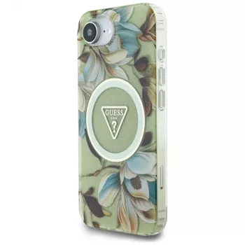 Guess IML Metal Glitter Flowers Triangle MagSafe hátlap Apple iPhone 16e készülékhez, zöld