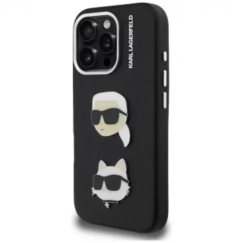 KARL LAGERFELD FW Grained Karl & Choupette Heads Pins tok iPhone 16 Pro készülékhez, fekete