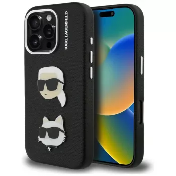 KARL LAGERFELD FW Grained Karl & Choupette Heads Pins tok iPhone 16 Pro Max készülékhez, fekete