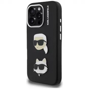 KARL LAGERFELD FW Grained Karl & Choupette Heads Pins tok iPhone 16 Pro Max készülékhez, fekete