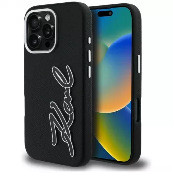 Karl Lagerfeld FW Grained Signature Logo tok iPhone 16 Pro készülékhez, fekete