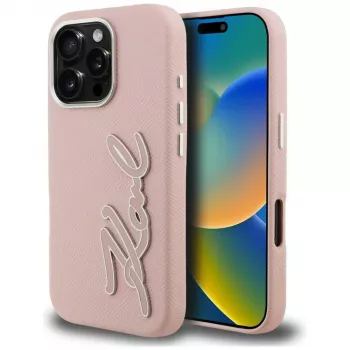 KARL LAGERFELD FW Grained Signature Logo tok iPhone 16 Pro Max készülékhez, rózsaszín