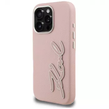 KARL LAGERFELD FW Grained Signature Logo tok iPhone 16 Pro Max készülékhez, rózsaszín