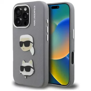 Karl Lagerfeld FW Grained Karl & Choupette Heads Pins tok iPhone 16 Pro készülékhez, szürke
