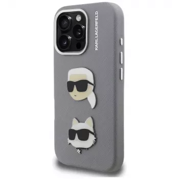 Karl Lagerfeld FW Grained Karl & Choupette Heads Pins tok iPhone 16 Pro készülékhez, szürke