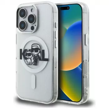 Karl Lagerfeld IML Glitter Karl & Choupette Sketch Logo MagSafe tok iPhone 16 Pro Max készülékhez, átlátszó