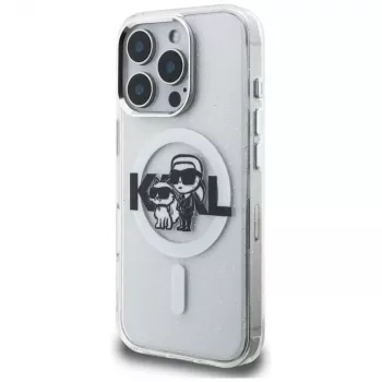 Karl Lagerfeld IML Glitter Karl & Choupette Sketch Logo MagSafe tok iPhone 16 Pro Max készülékhez, átlátszó