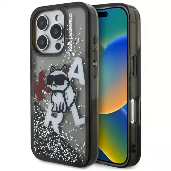 KARL LAGERFELD Liquid Glitter Choupette Logo tok iPhone 16 Pro készülékhez, fekete