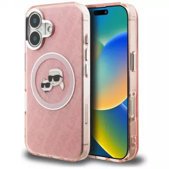 KARL LAGERFELD IML Glitter Karl & Choupette Heads Logo MagSafe tok Apple iPhone 16 készülékhez - rózsaszín