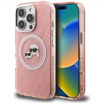 KARL LAGERFELD IML Glitter Karl & Choupette Heads Logo MagSafe tok iPhone 16 Pro Max készülékhez, rózsaszín